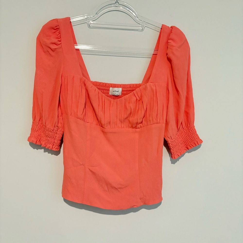 aritzia‎ wilfred pandora puff sleeve smocked blouse fresco pink size small